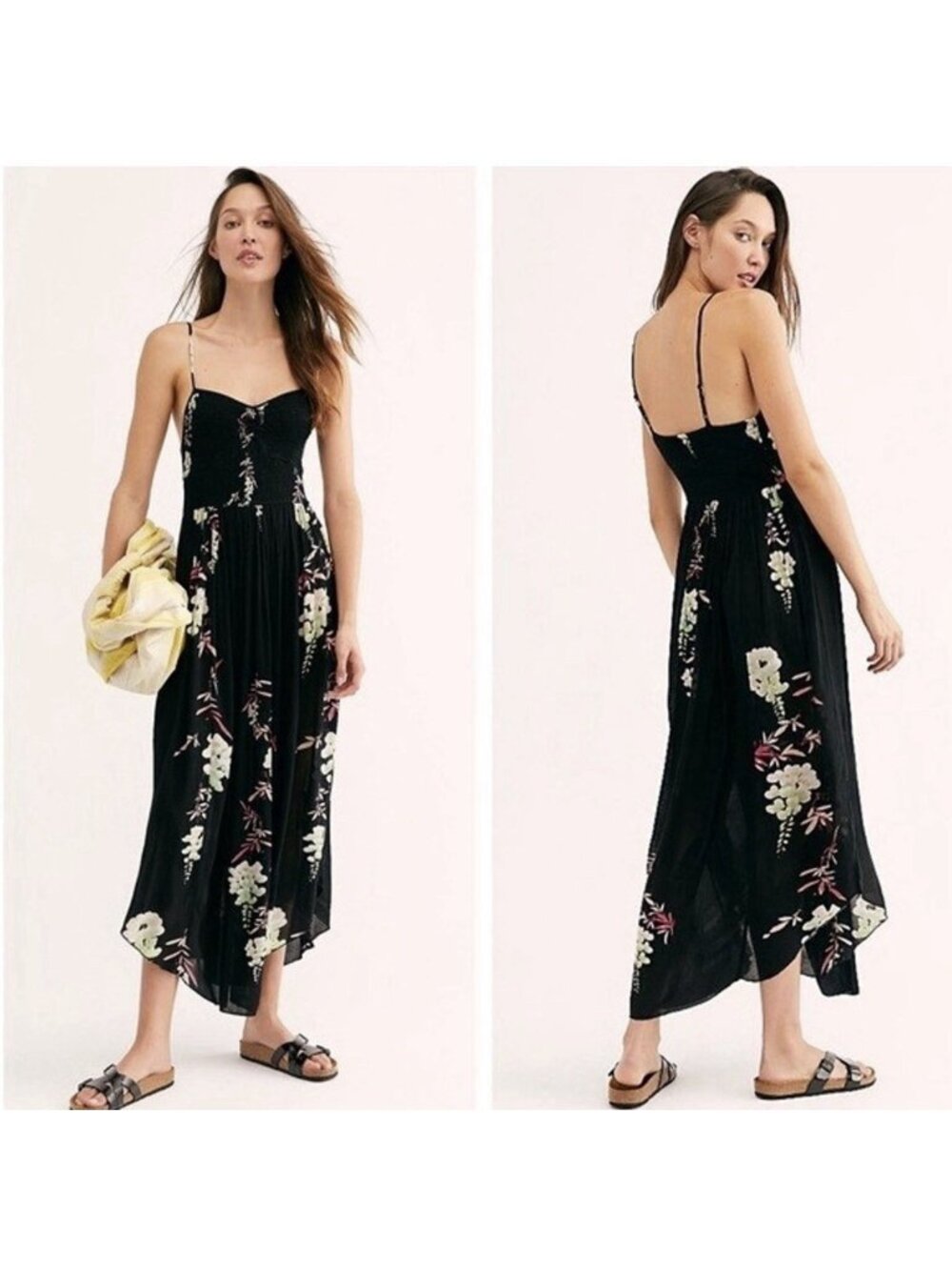 Intimately Free People Beau Smocked Black Floral Maxi Sundress L Boho Beachy Y2K